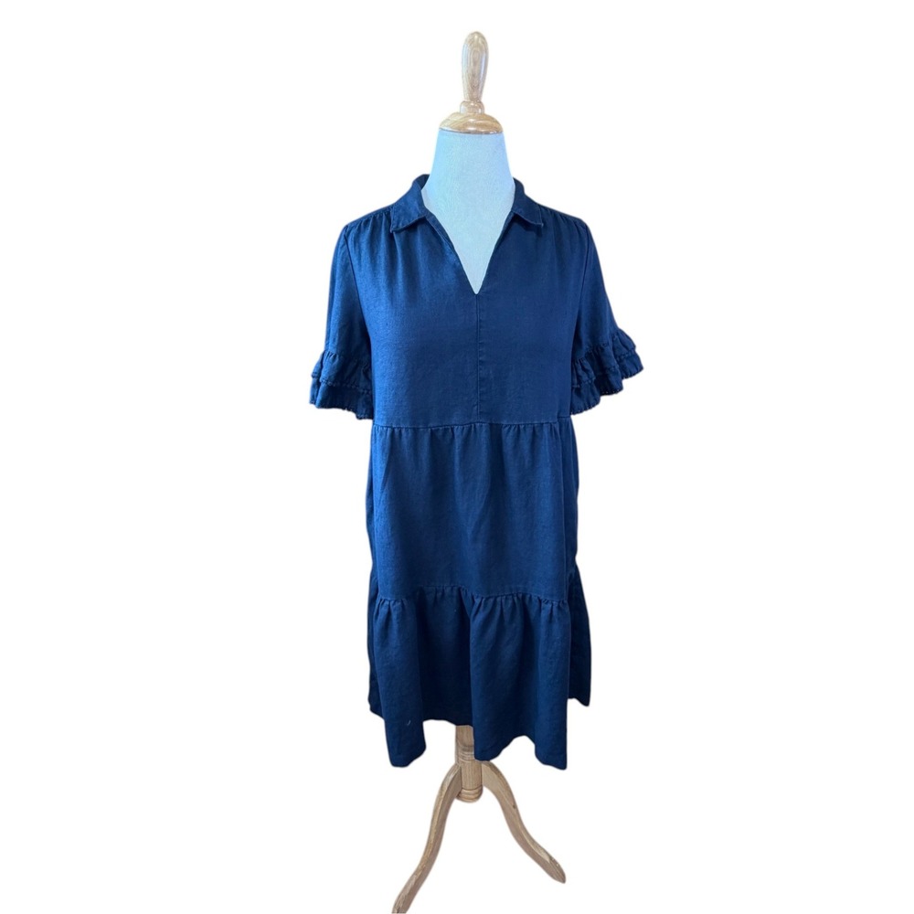 Chico's Navy Blue Linen Tiered Ruffle Sleeve V-Neck Shift Dress Size Medium